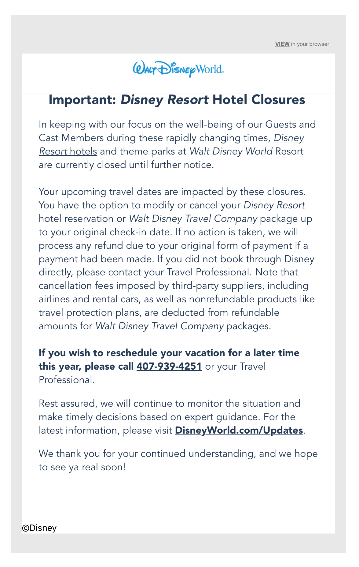 Walt Disney World Resort Cancelling Reservations Through June 13 Due to