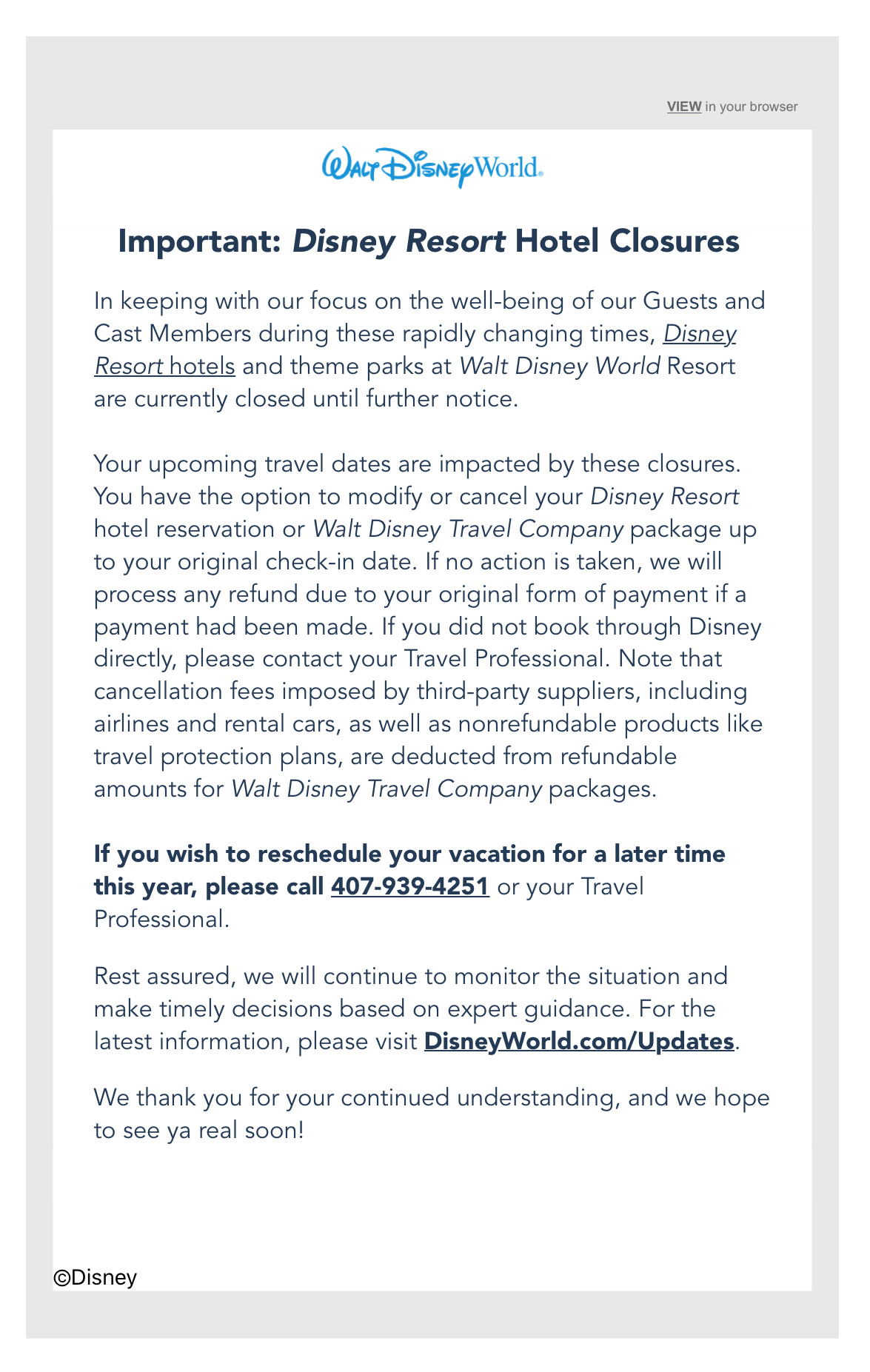 Walt Disney World Resort Cancelling Reservations Through June 13 Due To