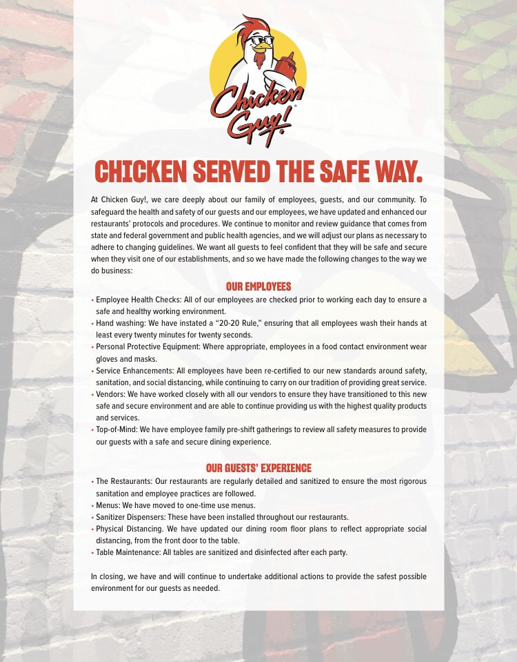 chicken guy reopening guidelines 2020