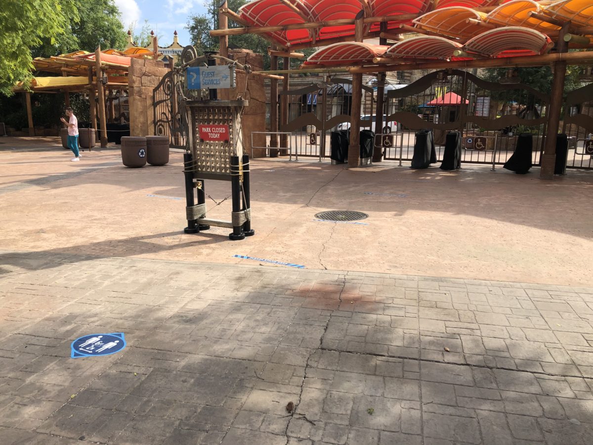 Entrance of Island of Adventure with Social Distancing Markers