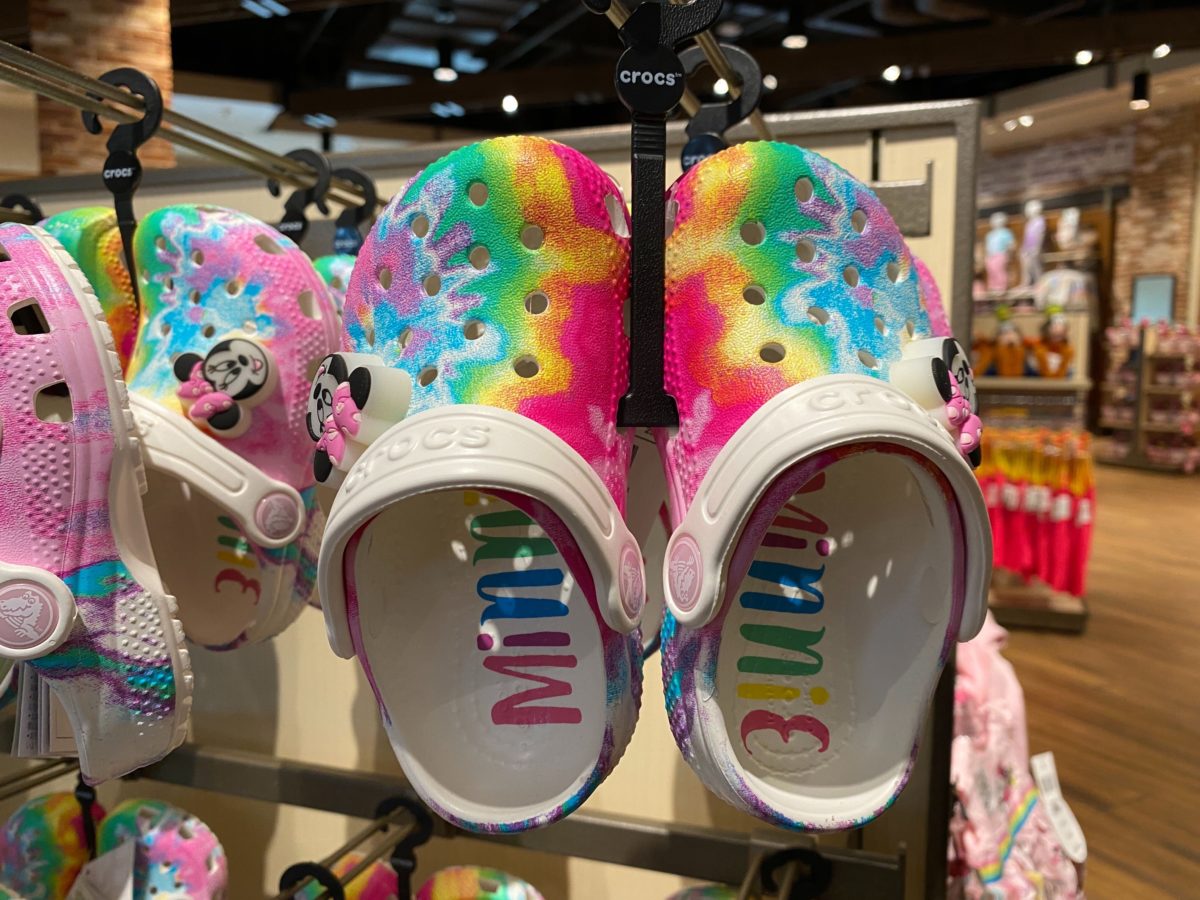 white and rainbow crocs