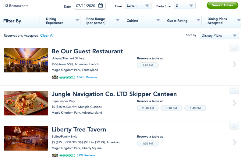 restaurant reservations disney world magic kingdom