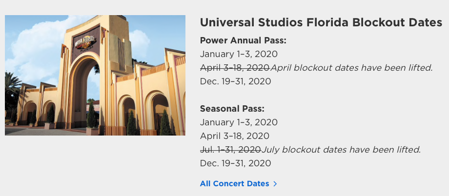 universal studios florida annual pass blockout dates lifted 2020