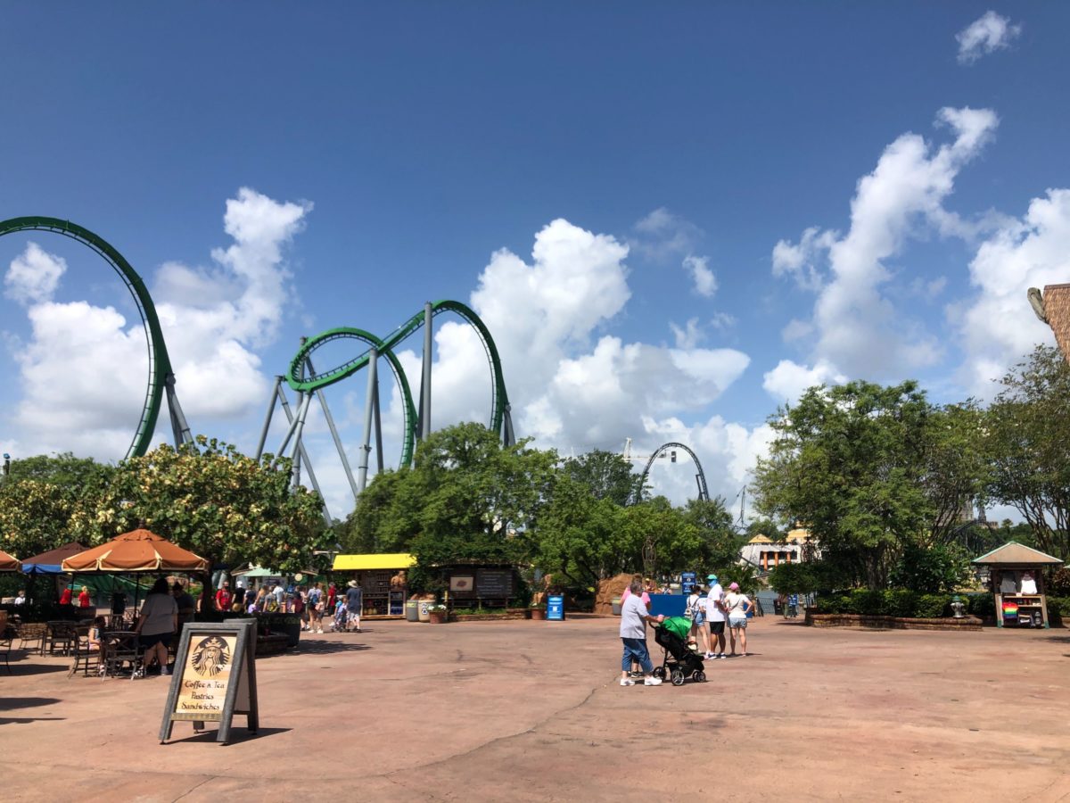 Hulk Coaster and Velocicoaster as seen from Islands of Adventure Entrance