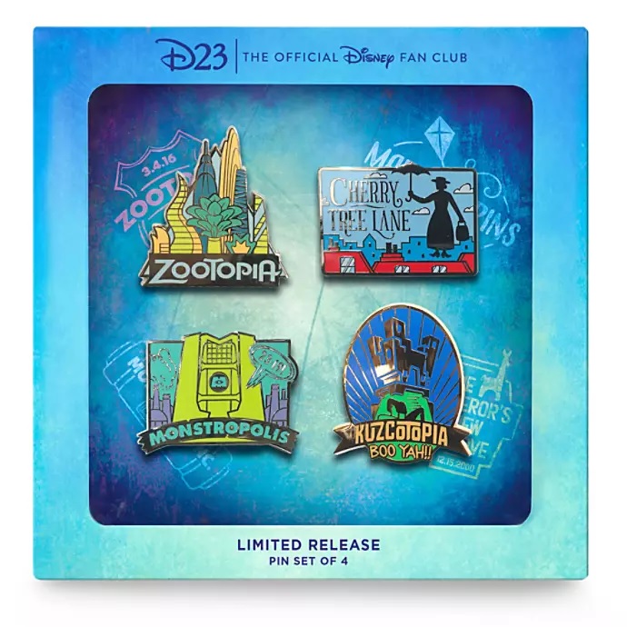 d23 fantastic worlds pin set destination d the emperors new groove mary poppins monsters inc zootopia 2